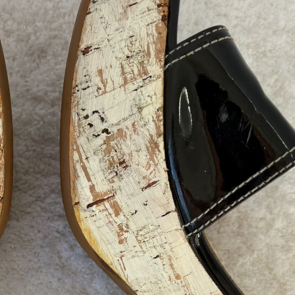 Prada Block Heels Black Patent Leather Cork Platform Slides Size EU 39.5 US 9.5